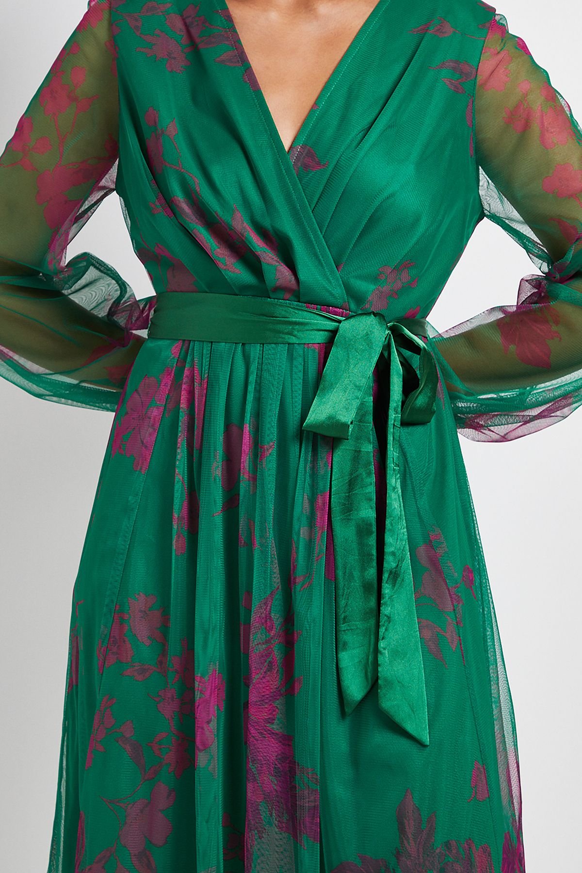 Wallis Wallis Women's Petite Floral Mesh Satin Tie Midi Dress in Green - 4