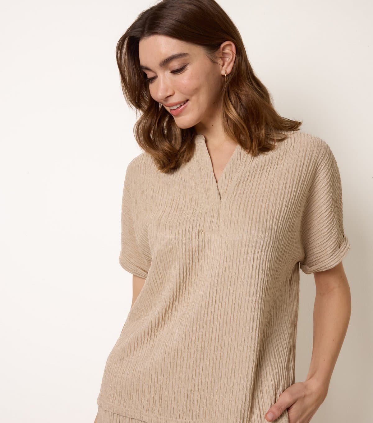 Blue Vanilla Women's Stone Ribbed Granddad Collar Top Blue Vanilla New Look