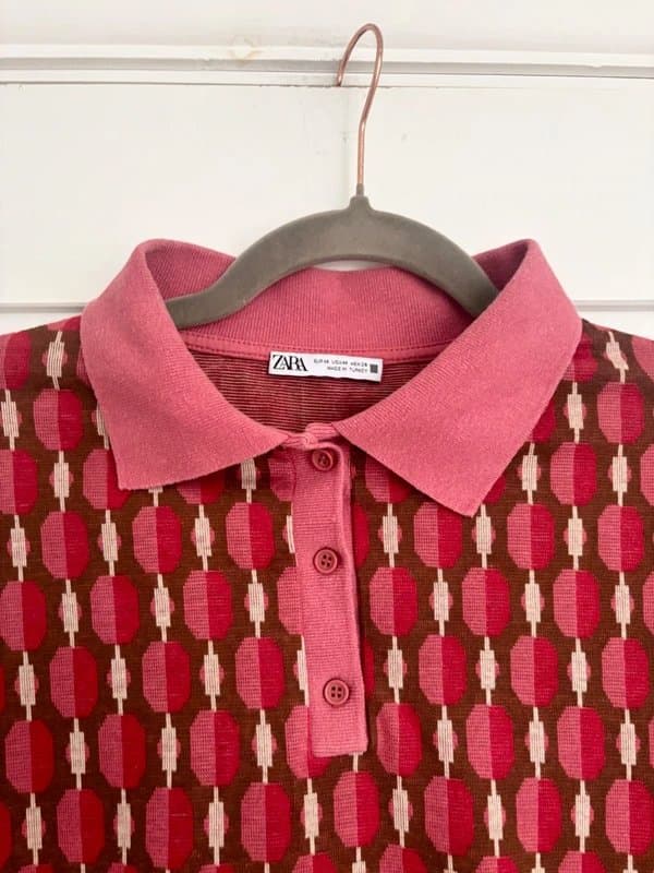 Zara Zara Knit Polo Top  Retro Geometric Print Pink Brown Y2K Long Sleeve Mod Preppy- Size Medium