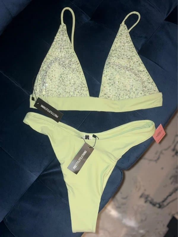 PLT NEW Embellished sparkly sequin glitter & pearl lime / mint green silver bikini set 14 top 12 bottoms