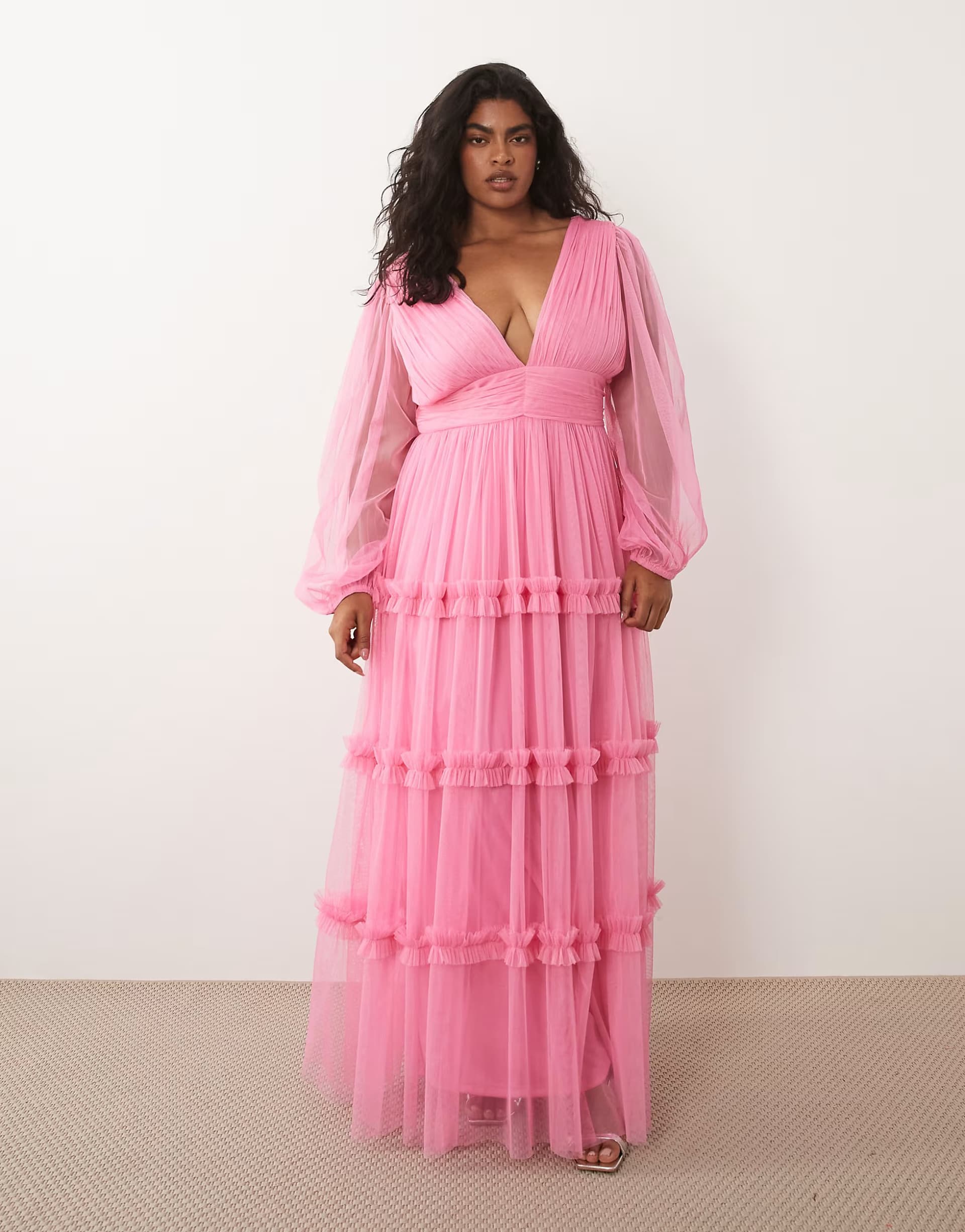 ASOS Lace & Beads Plus long sleeve maxi dress in pink
