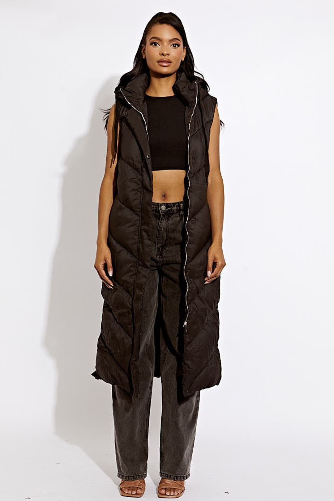 STYLEWISE STYLEWISE Women's Padded Turtle Neck - Longline Hooded - Gilet in Black