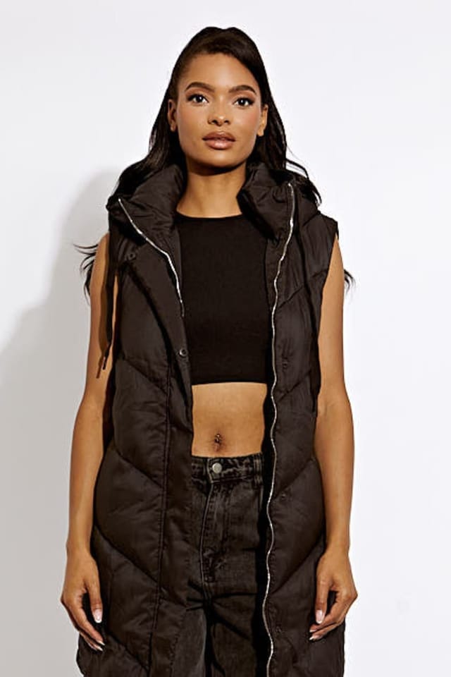 STYLEWISE STYLEWISE Women's Padded Turtle Neck - Longline Hooded - Gilet in Black - 2