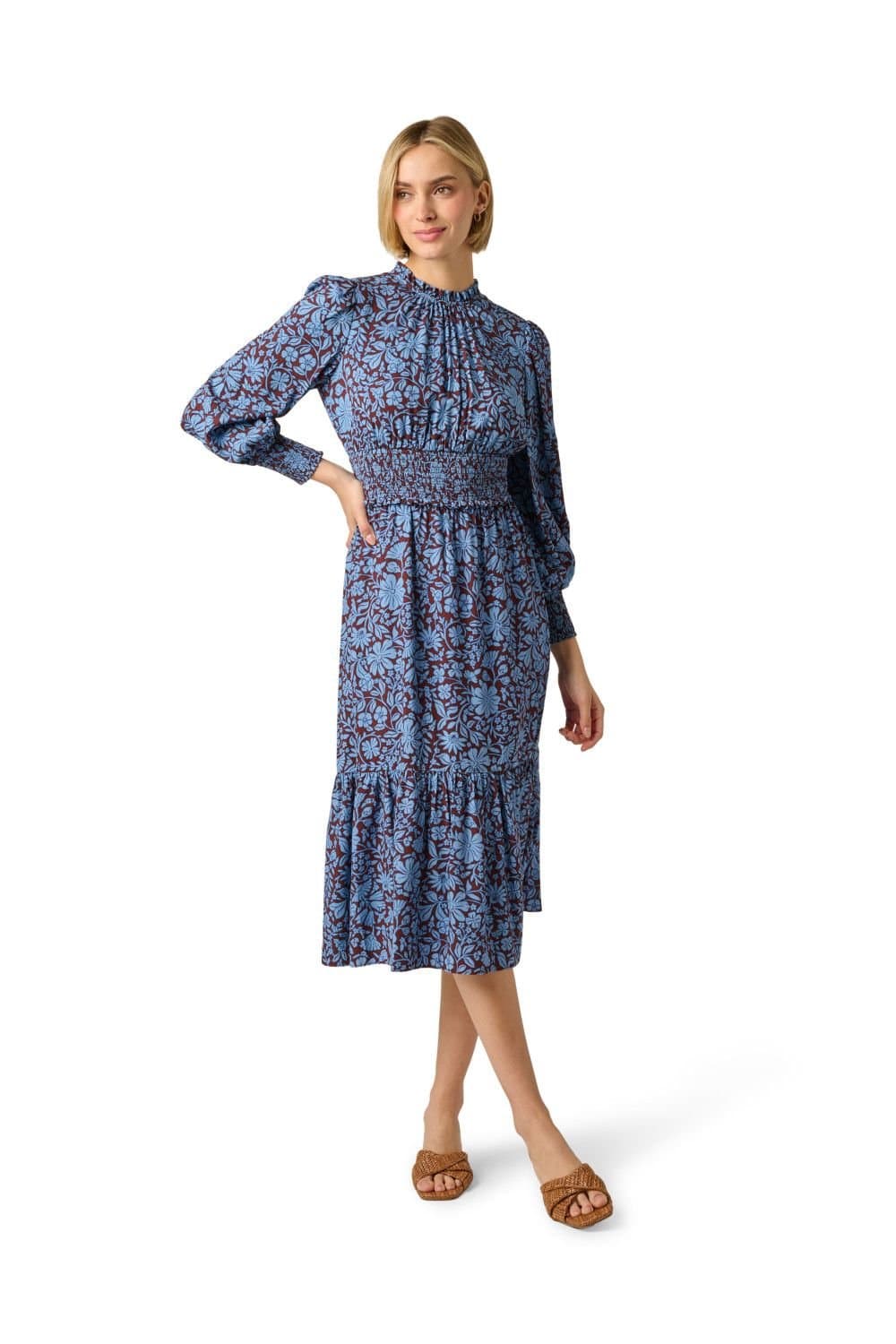 Adrianna Papell Adrianna Papell Women's Print Smocked Midi Dress in Brown