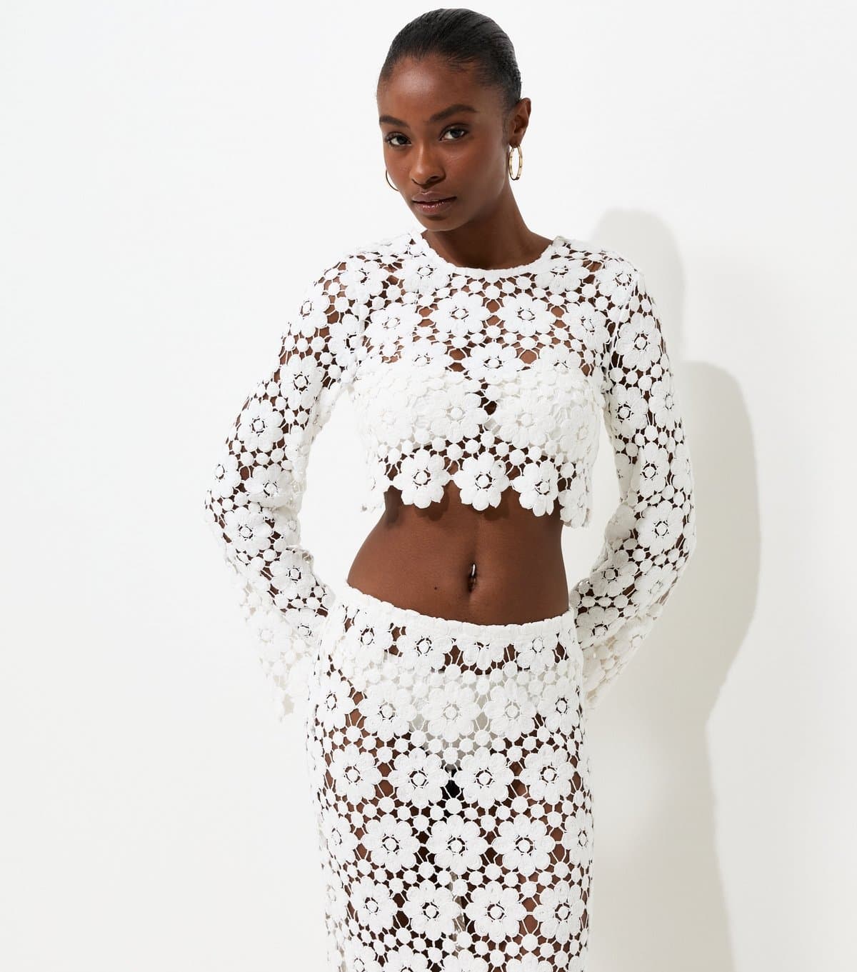 New Look Women's Premium White Cotton Floral Crochet Look Long Sleeve Beach Top New Look