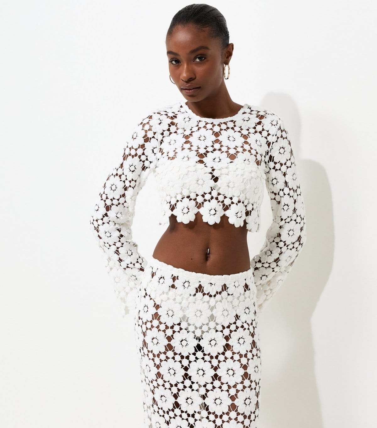New Look White Floral Crochet Long Sleeve Beach Top