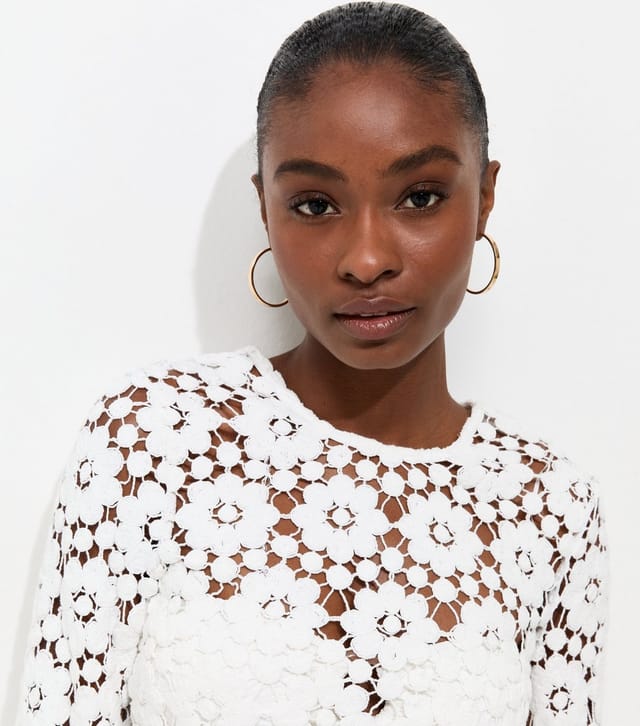New Look Women's Premium White Cotton Floral Crochet Look Long Sleeve Beach Top New Look - 2