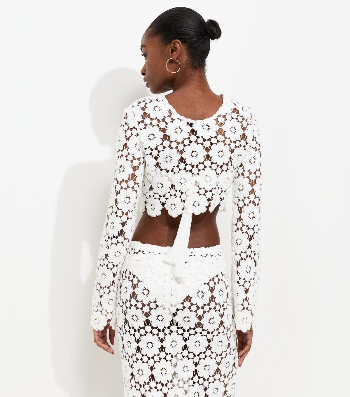 New Look Women's Premium White Cotton Floral Crochet Look Long Sleeve Beach Top New Look - 4