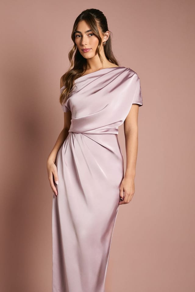 Coast Coast Women's Satin Ruched Detail Off-The Shoulder Maxi Bridesmaid Dress in Blush - 2