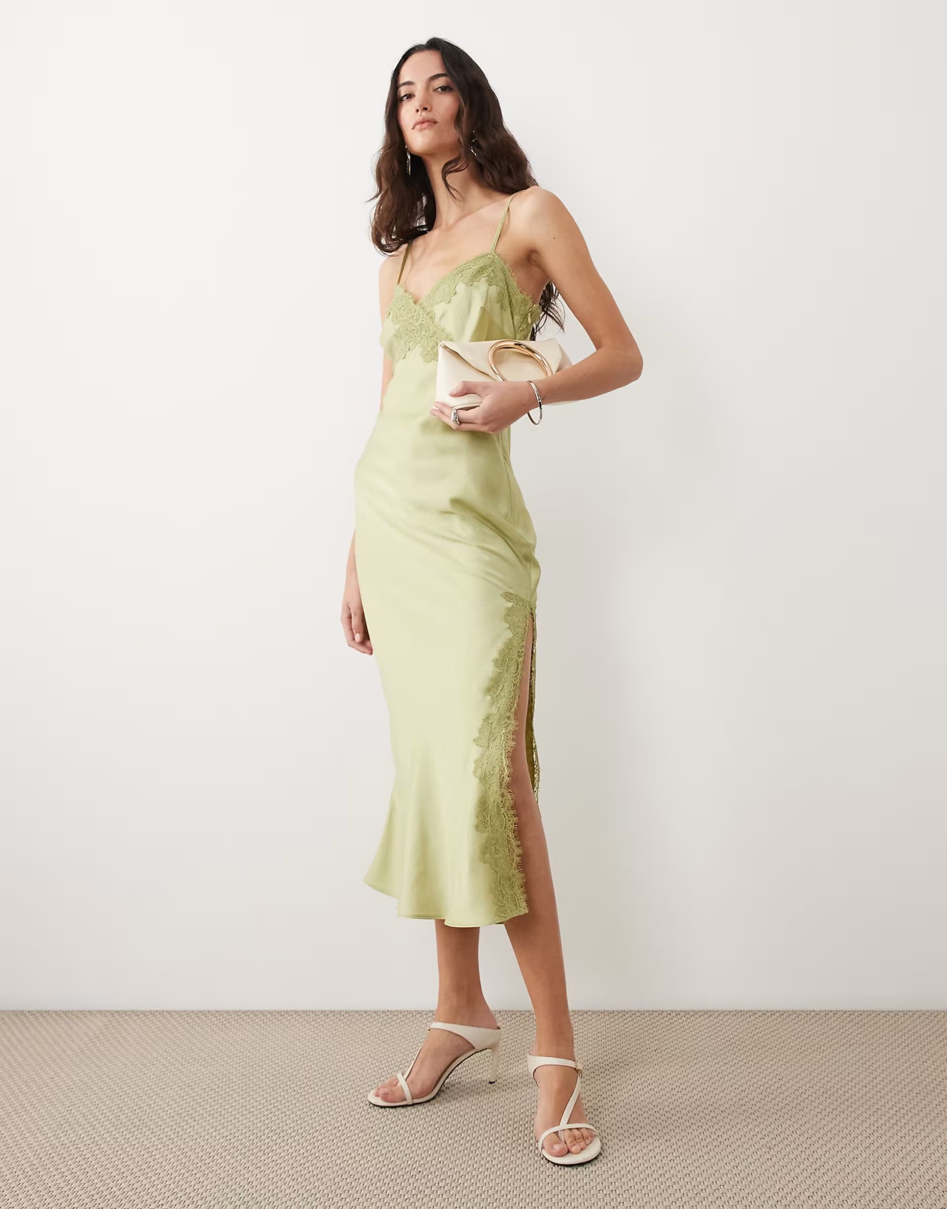 ASOS New Look lace trim slip midi dress in light green