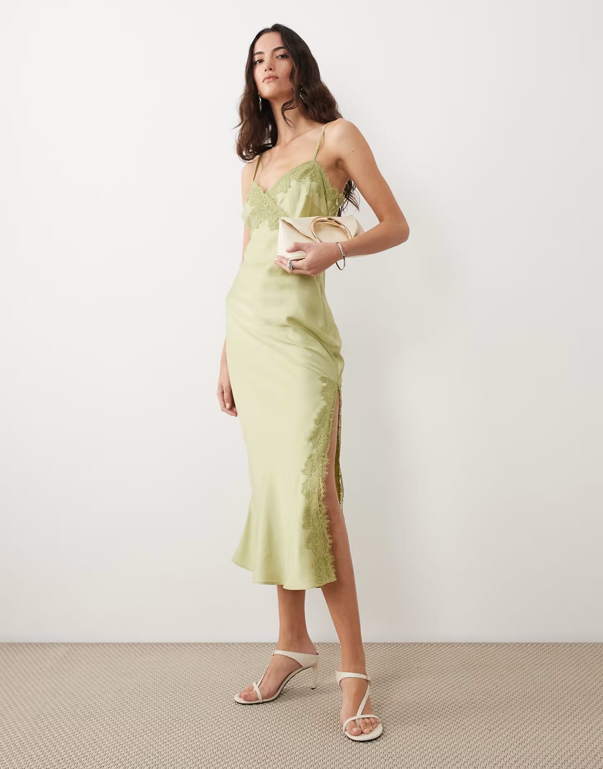 ASOS New Look lace trim slip midi dress in light green - 1
