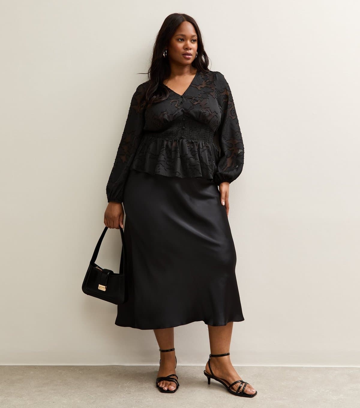 New Look Women's Plus Size Black Satin Bias Cut Midi Skirt Curves New Look