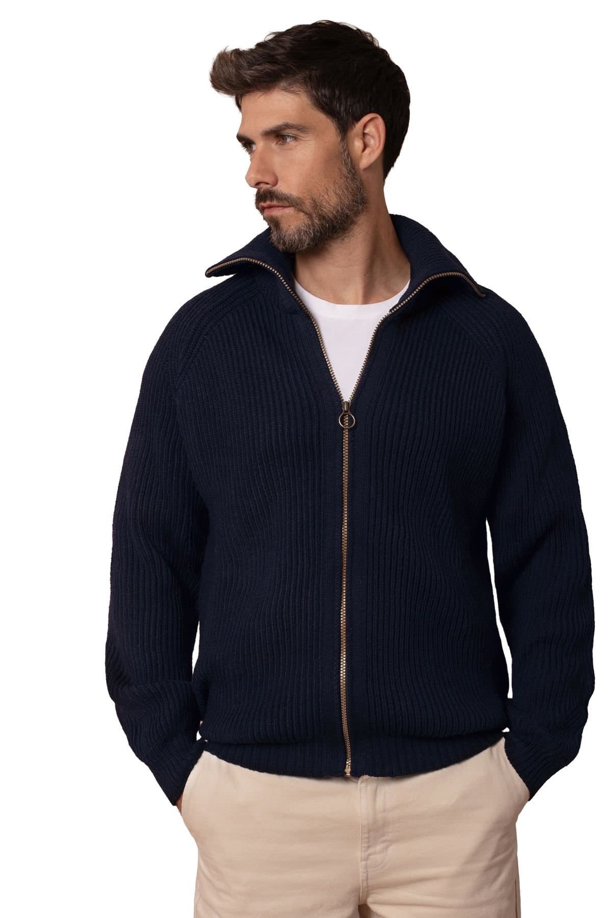 Celtic & Co Celtic & Co Men's British Ribbed Zip Cardigan in Dark Navy