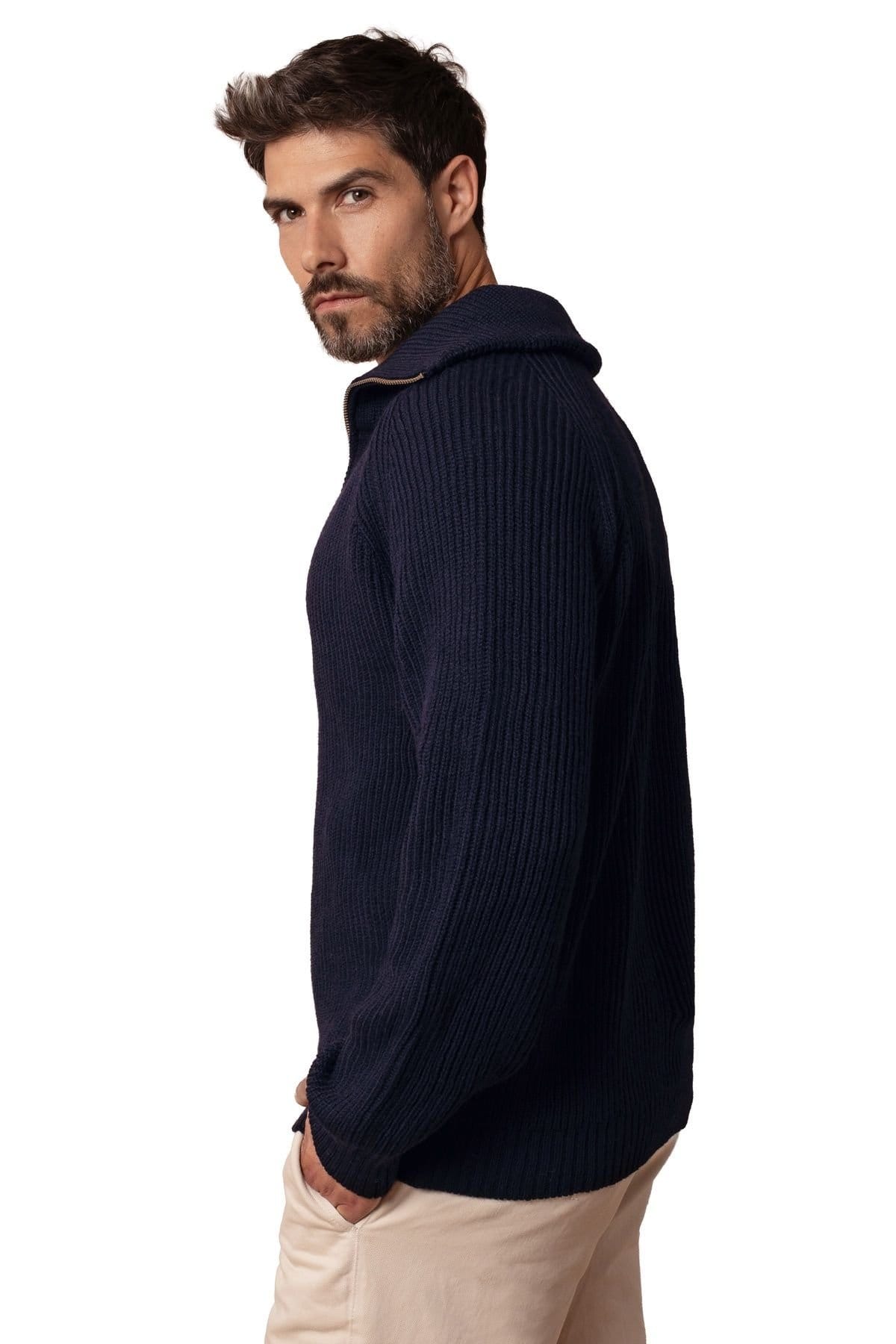 Celtic & Co Celtic & Co Men's British Ribbed Zip Cardigan in Dark Navy - 4
