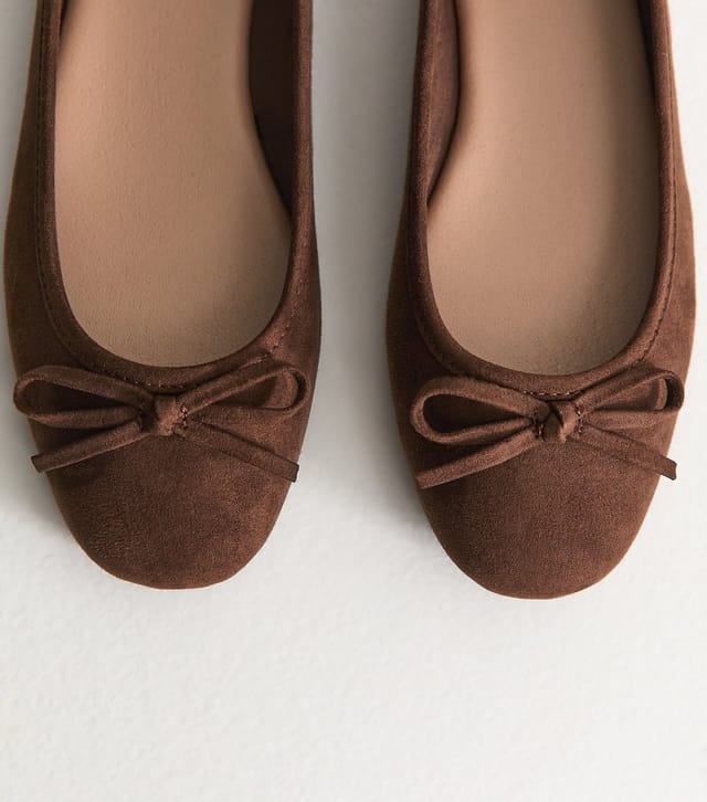 New Look Women's Brown Faux Suede Square Toe Ballerina Flats Vegan New Look - 3