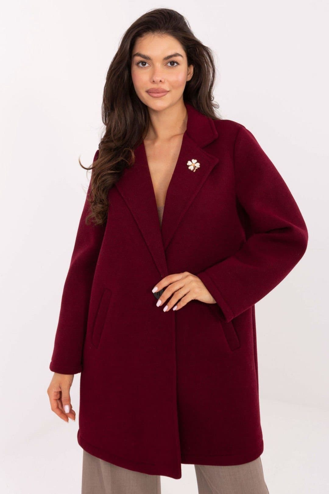 Love Lace Love Lace Women's Elegant Foam Blend Coat with Lapel Brooch in Burgundy