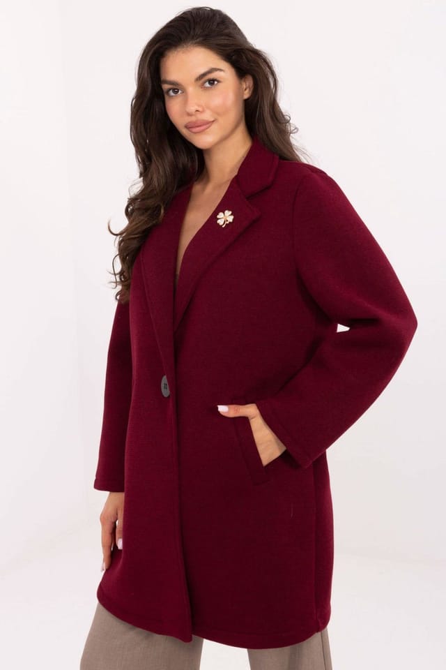 Love Lace Love Lace Women's Elegant Foam Blend Coat with Lapel Brooch in Burgundy - 2