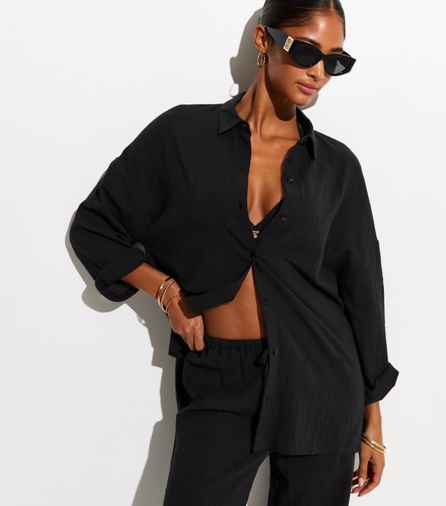 New Look Women's Beach Black Oversized Cotton Slub Shirt New Look - 2
