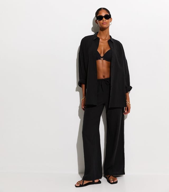 New Look Women's Beach Black Oversized Cotton Slub Shirt New Look - 3