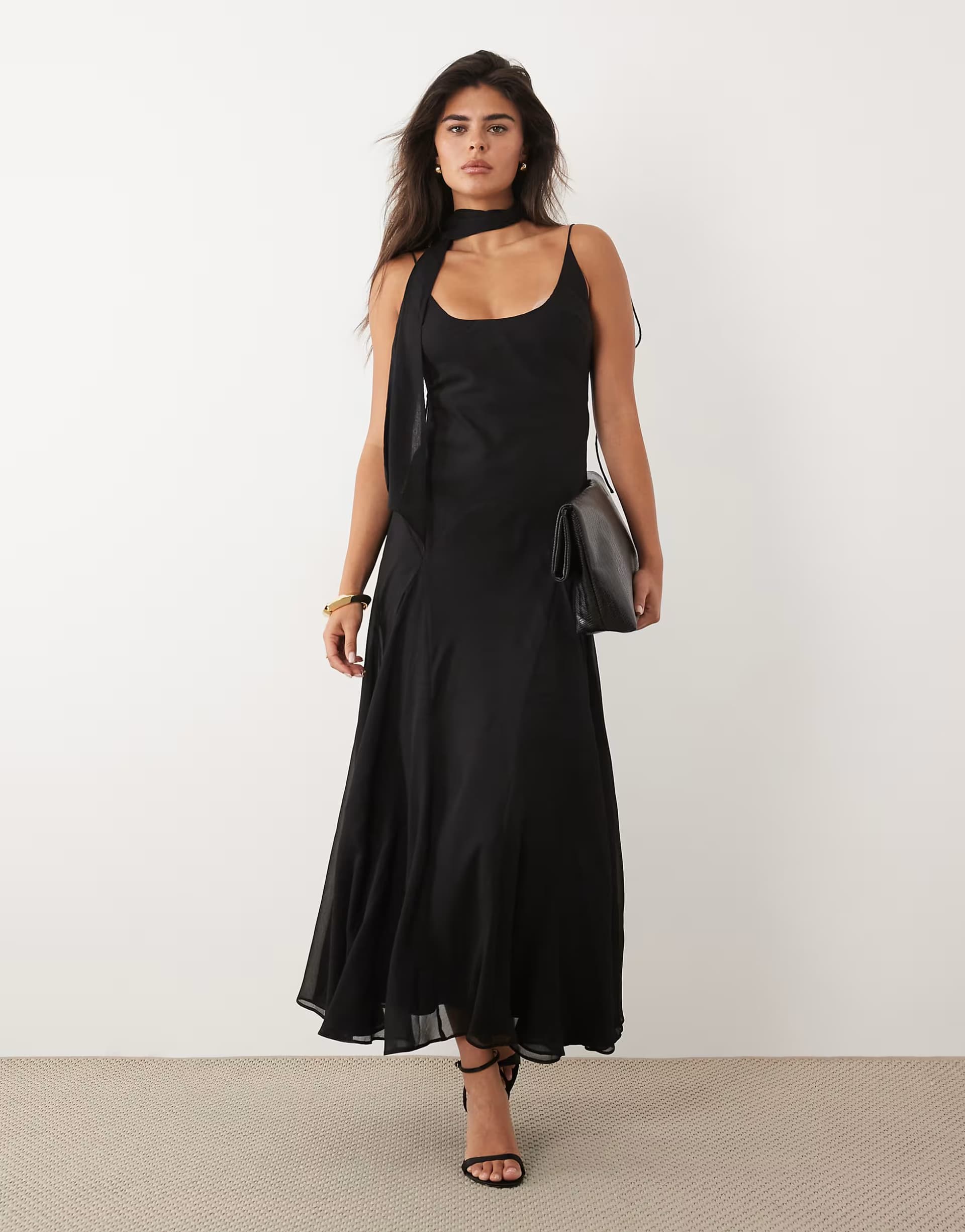 ASOS ASOS DESIGN scoop neck maxi dress with godet hem and scarf in black