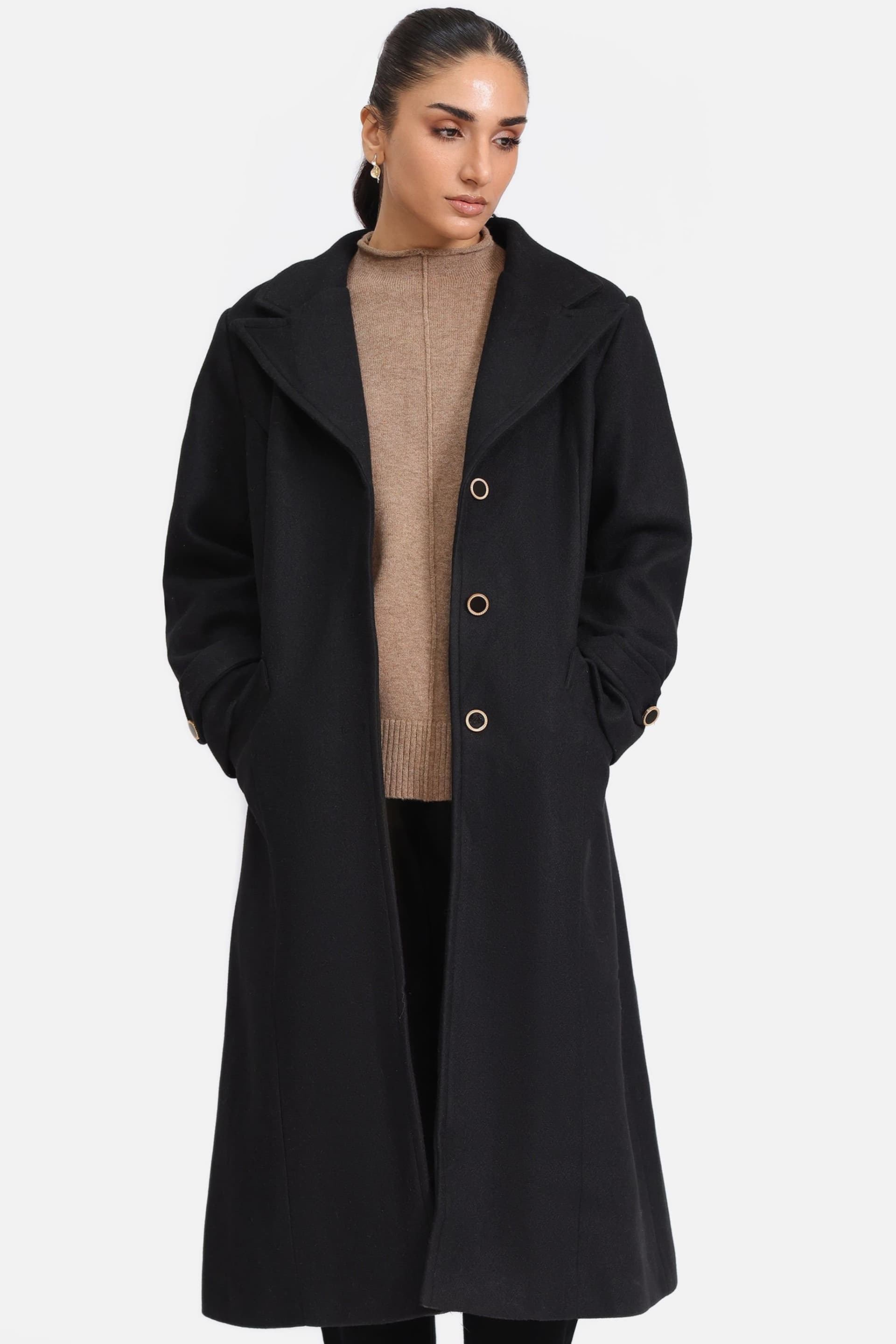 Zafosh Zafosh Women's Elegant Long Wool-Blend Coat with Notch Collar in Black