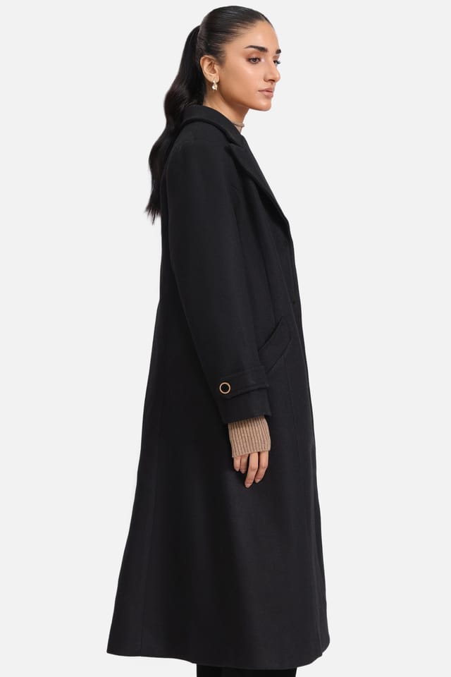 Zafosh Zafosh Women's Elegant Long Wool-Blend Coat with Notch Collar in Black - 2