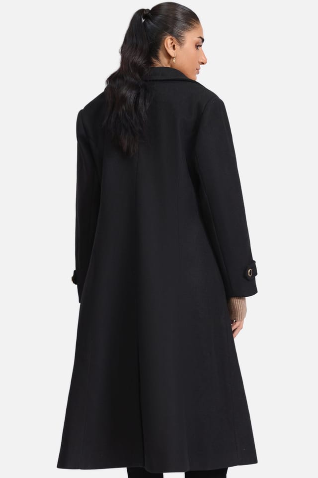 Zafosh Zafosh Women's Elegant Long Wool-Blend Coat with Notch Collar in Black - 3