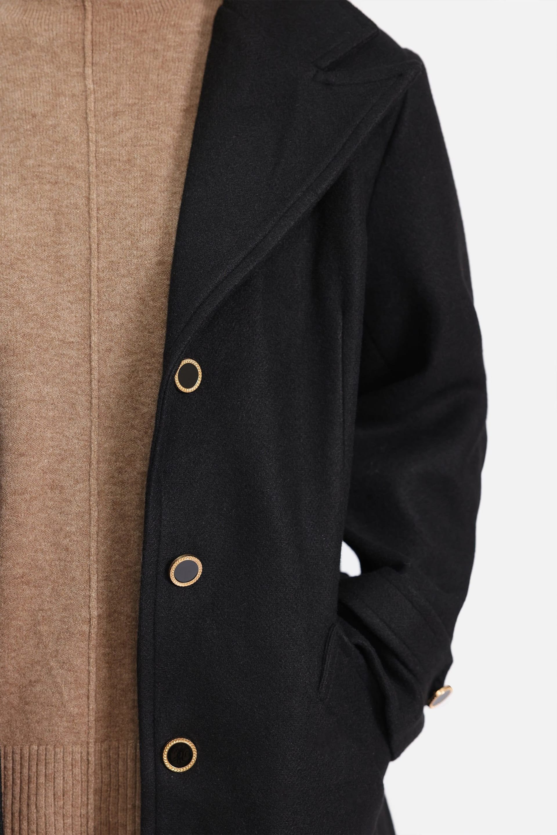 Zafosh Zafosh Women's Elegant Long Wool-Blend Coat with Notch Collar in Black - 4