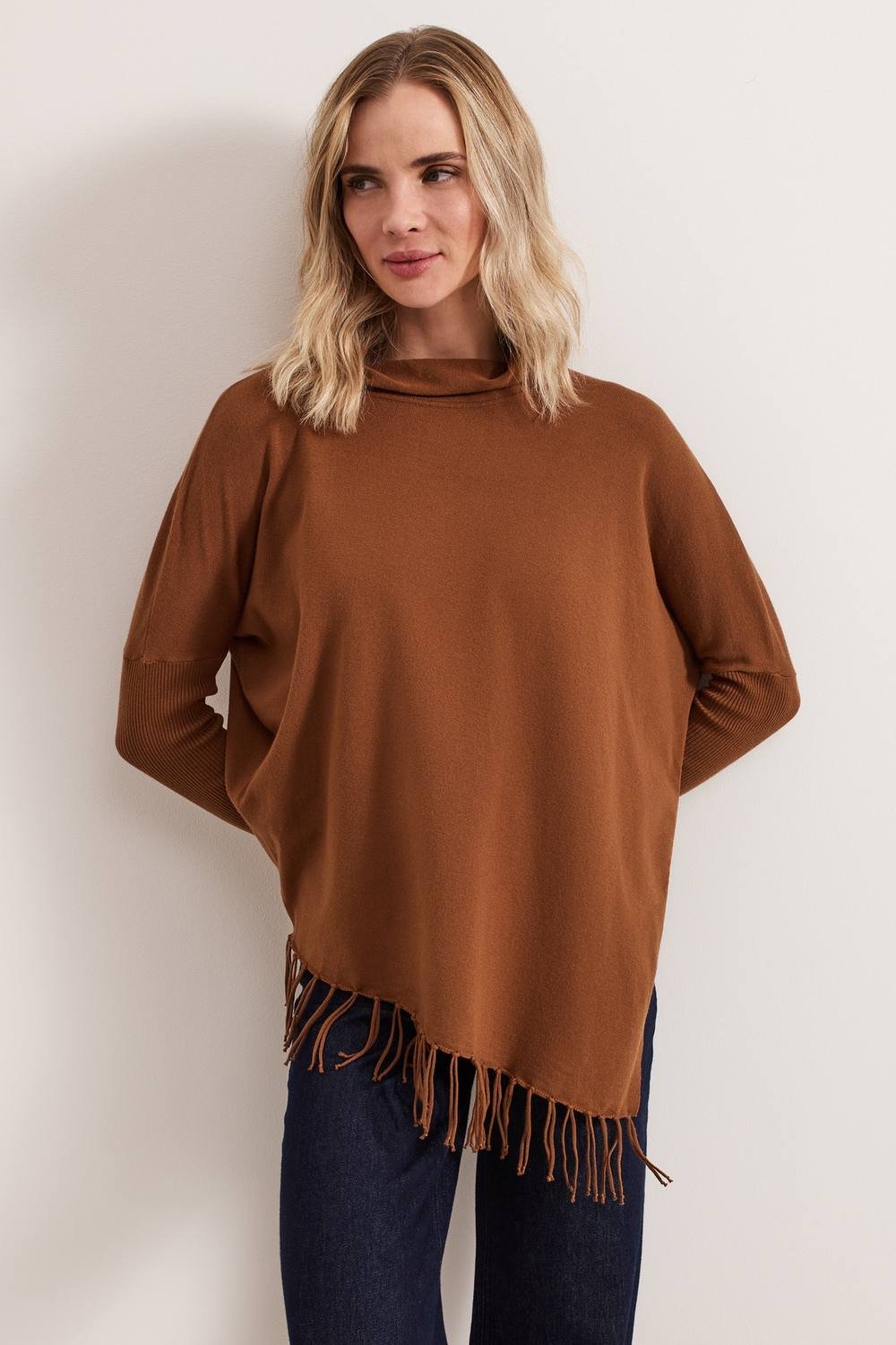 Phase Eight Phase Eight Women's Athena Cowl Neck Tassel Poncho in Brown - 3