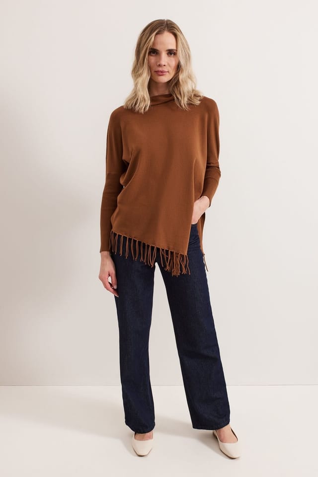 Phase Eight Phase Eight Women's Athena Cowl Neck Tassel Poncho in Brown - 3