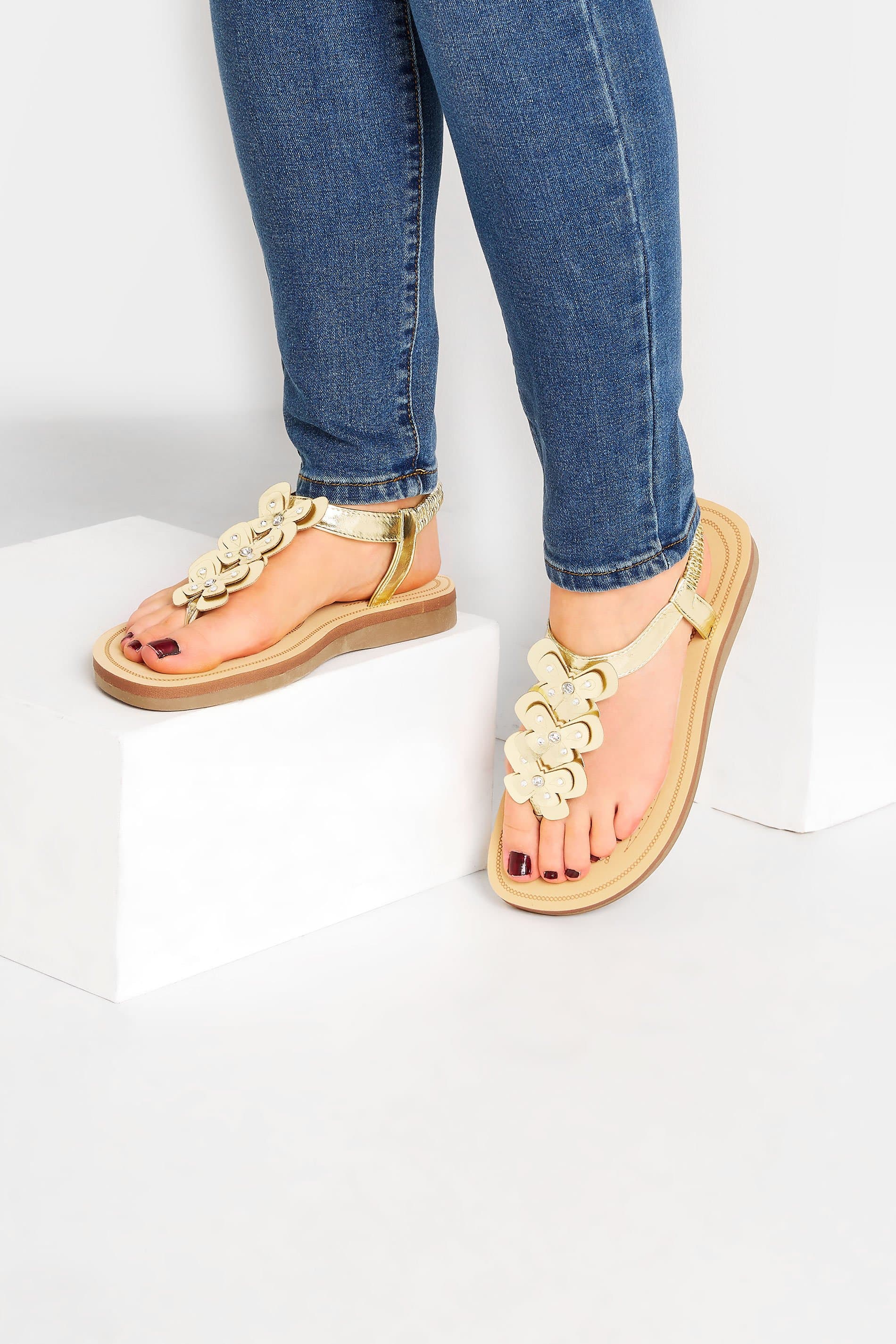 Yours Gold Diamante Butterfly Sandals In Extra Wide Eee Fit