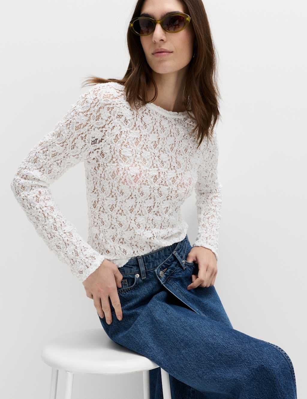 Marks & Spencer M&S Soft White Cotton Rich Lace Textured Top