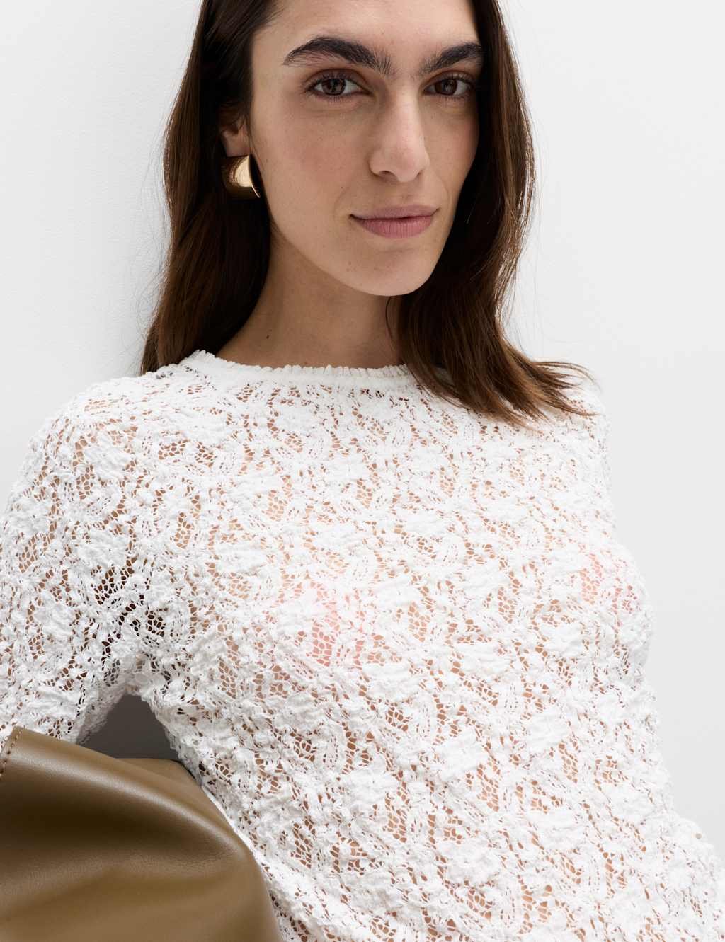 Marks & Spencer M&S Cotton Rich Lace Textured Top Soft White - 3