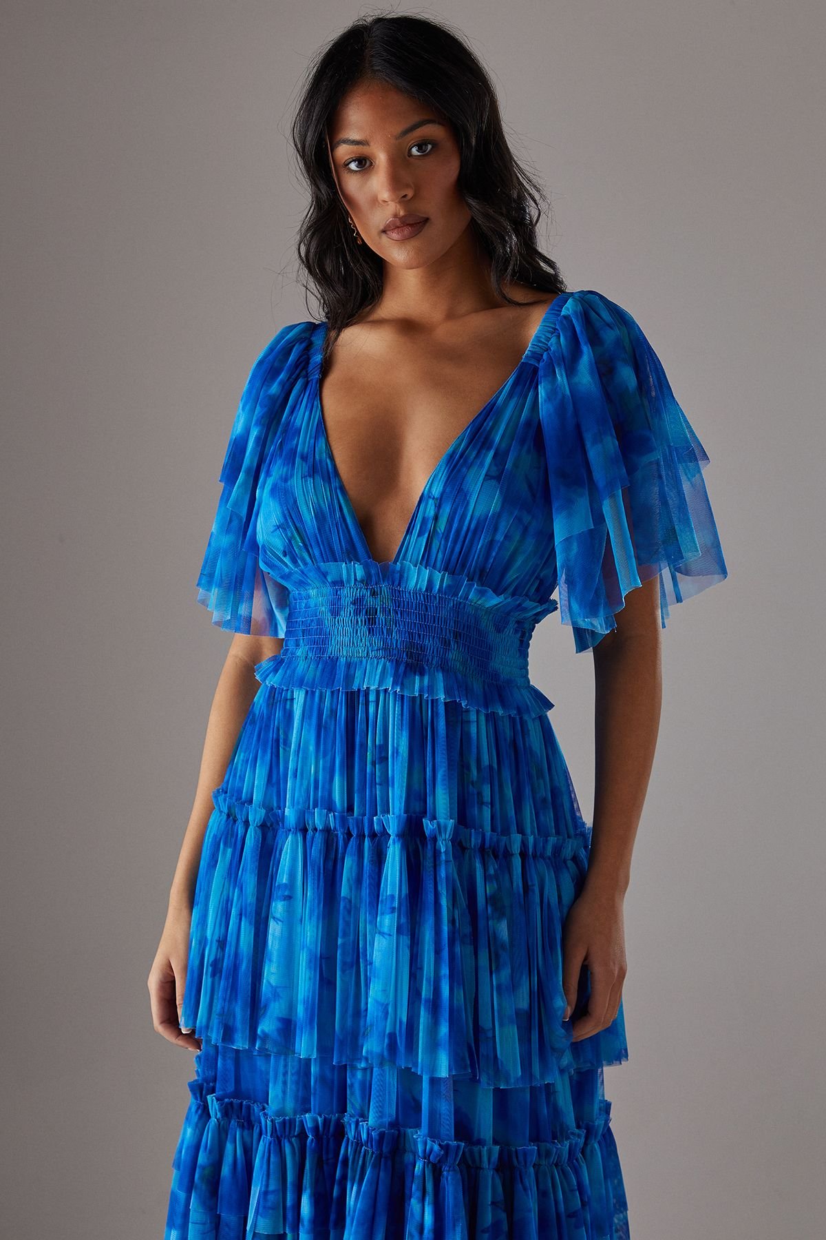 Warehouse Warehouse Women's Tulle Floral Plunge Neck Flutter Sleeve Tier Maxi Dress in Blue - 3