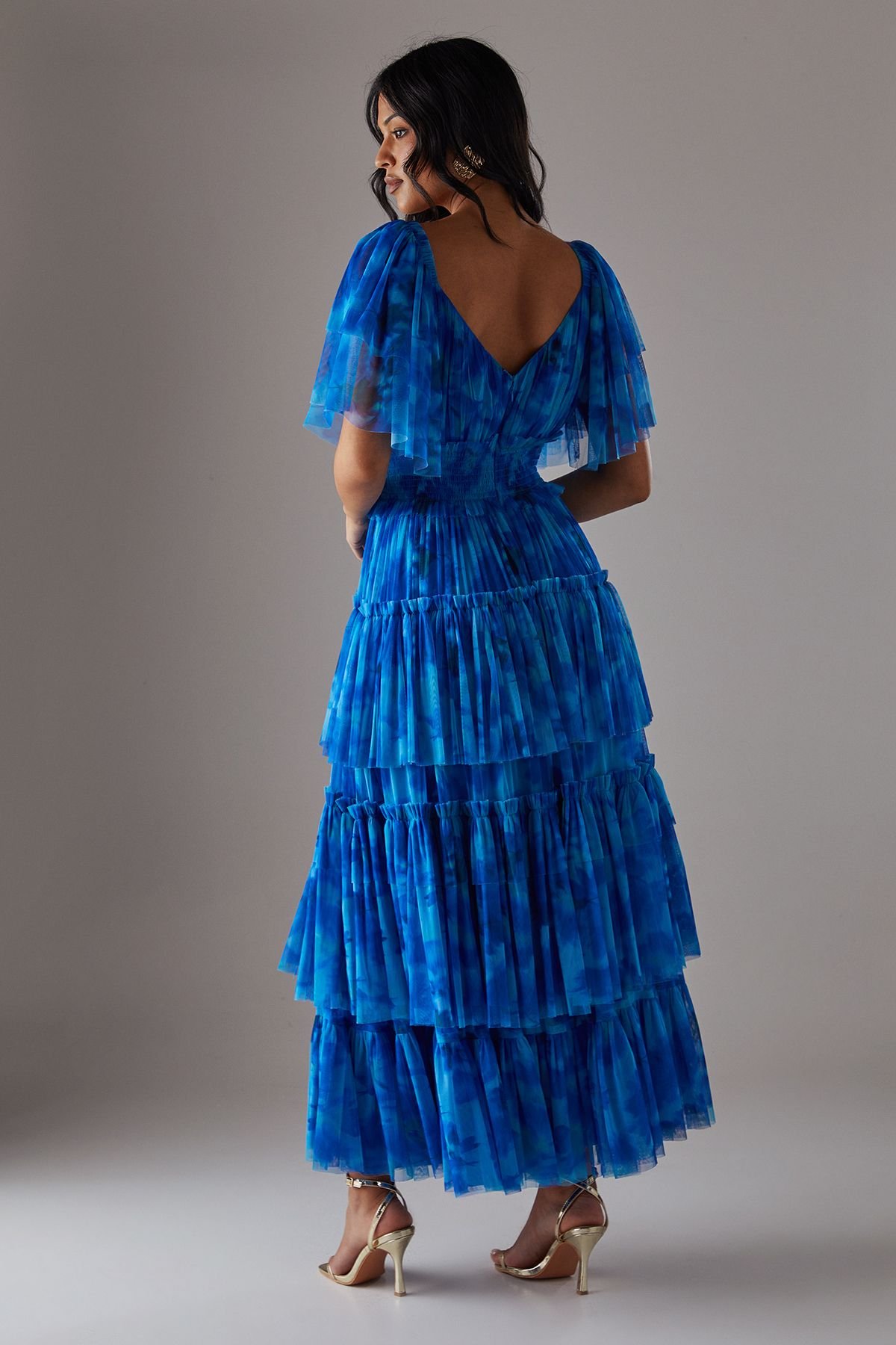 Warehouse Warehouse Women's Tulle Floral Plunge Neck Flutter Sleeve Tier Maxi Dress in Blue - 4