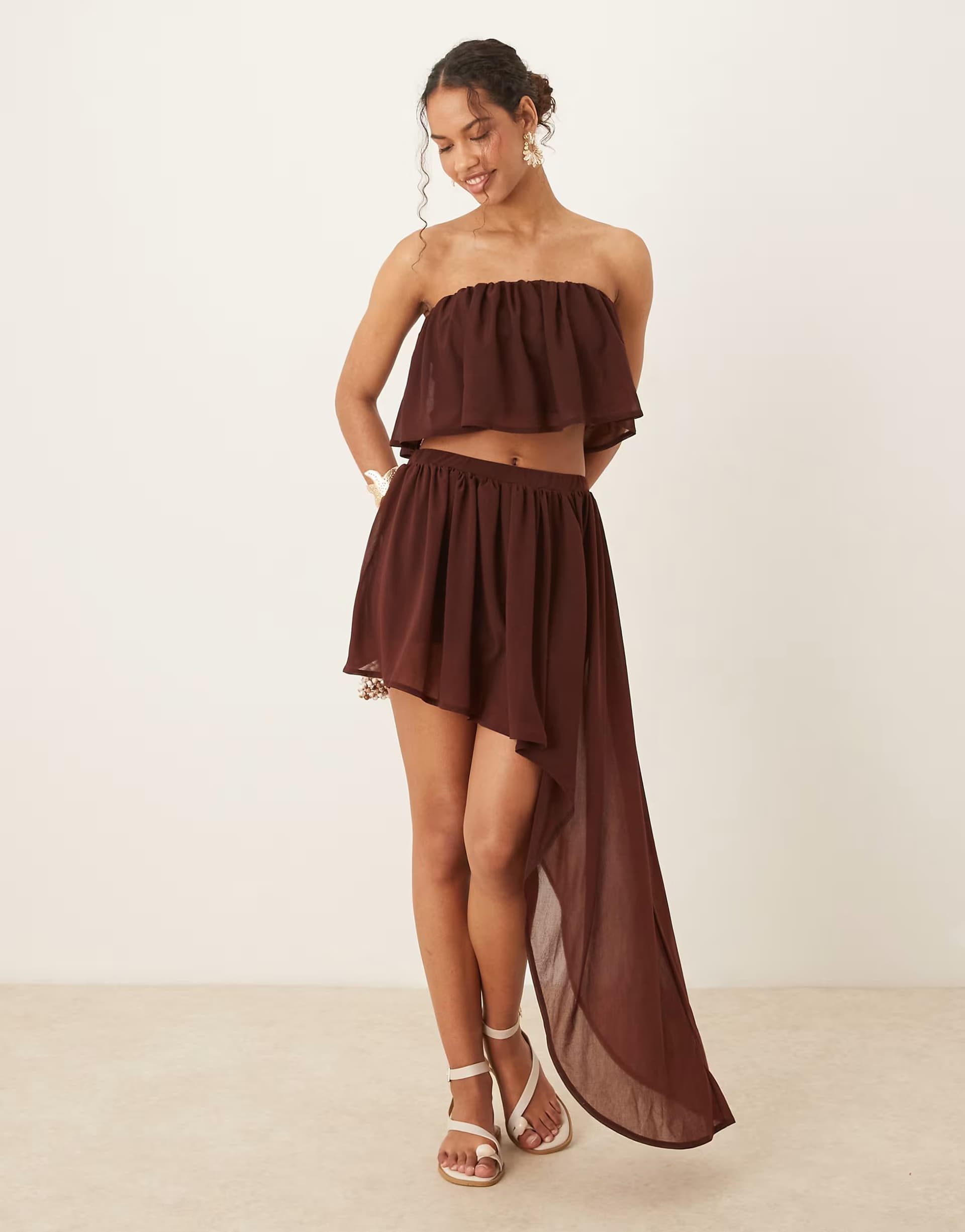 ASOS ASOS DESIGN co-ord ruffle semi sheer mini skirt with asymmetric hem in chocolate