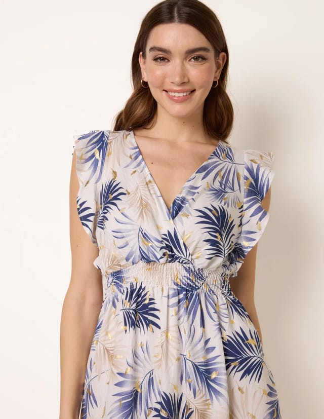 Blue Vanilla Tropical Dress With Leaf Print - 3