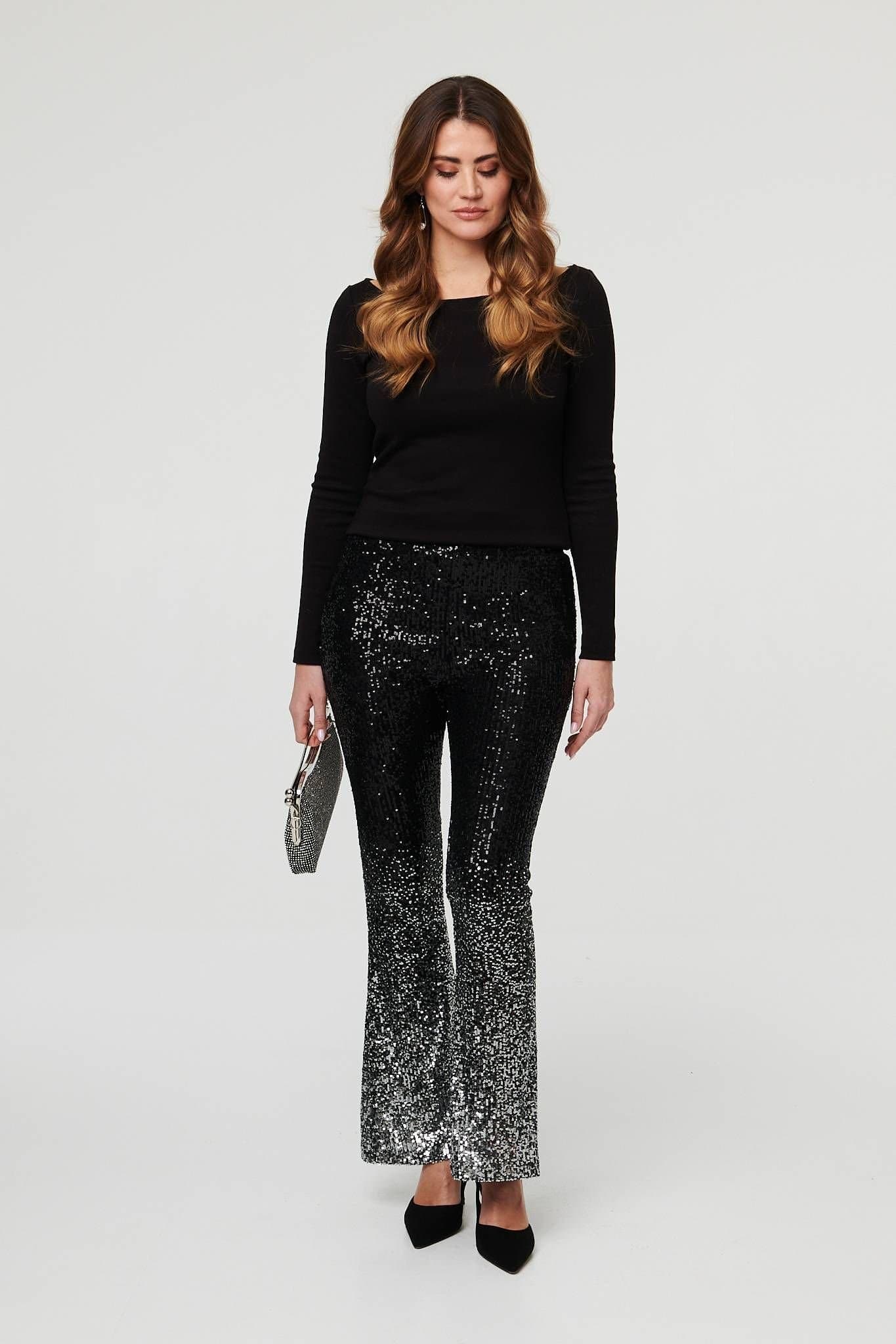 Izabel London Izabel London Women's Sparkly Sequin High Waist Flare Trousers in Black