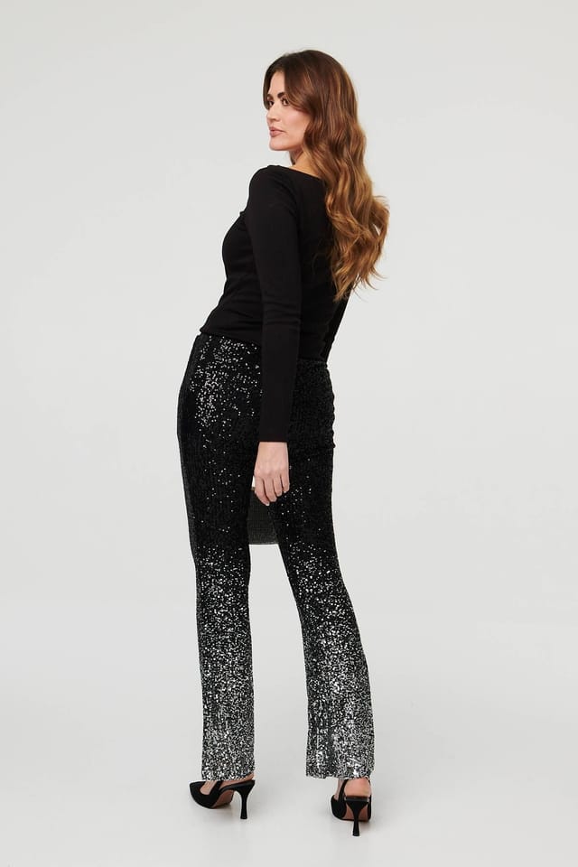 Izabel London Izabel London Women's Sparkly Sequin High Waist Flare Trousers in Black - 3
