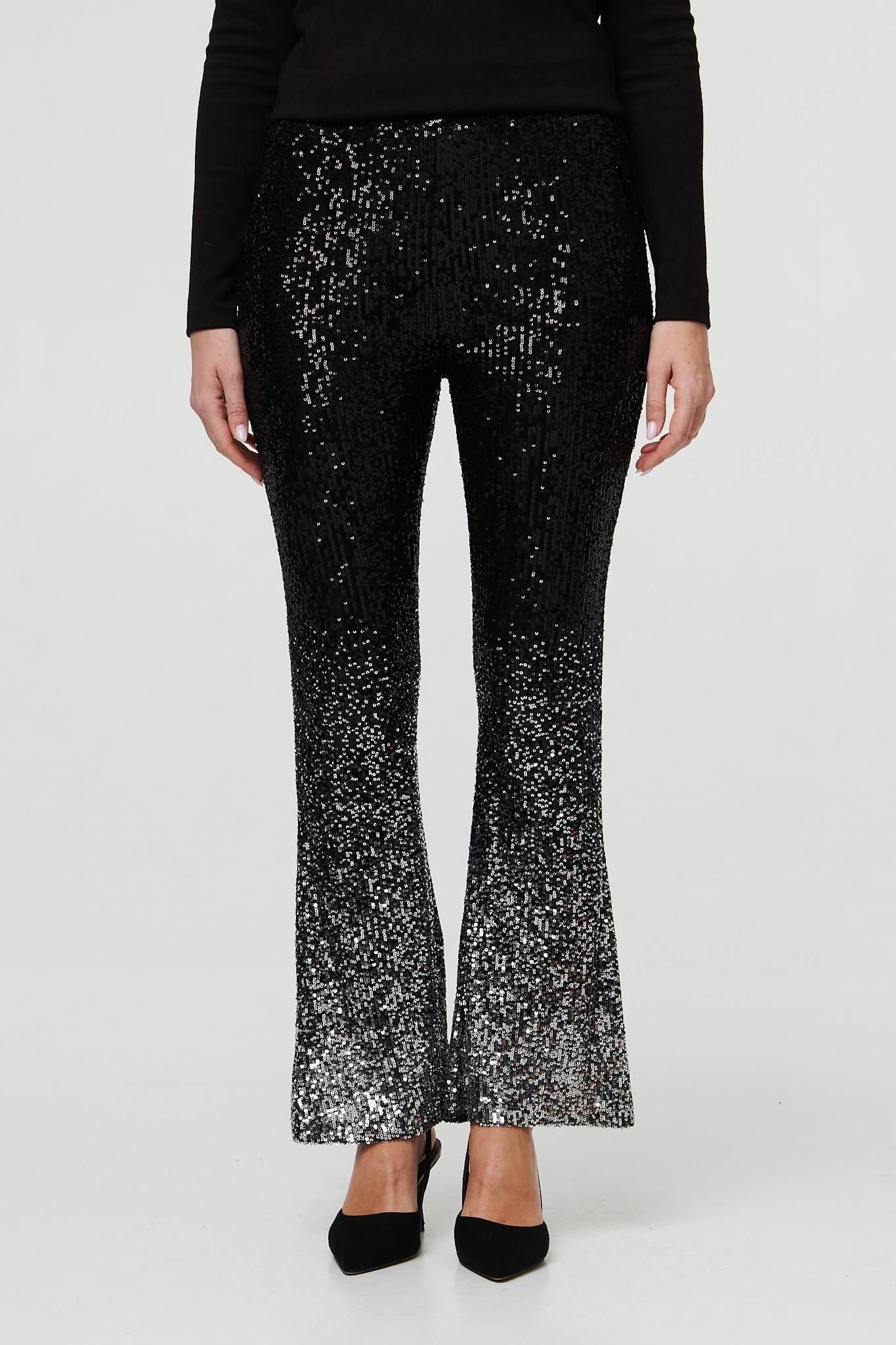 Izabel London Izabel London Women's Sparkly Sequin High Waist Flare Trousers in Black - 4