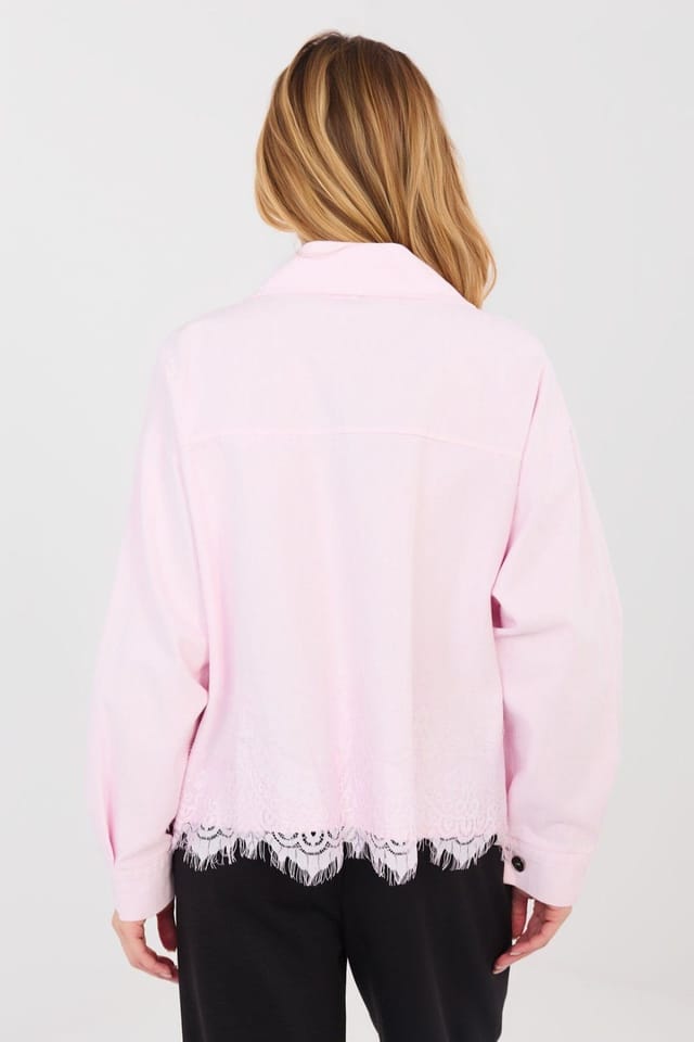 Love Lace Love Lace Women's Denim Jacket with Decorative Lace Hem in Pink - 3