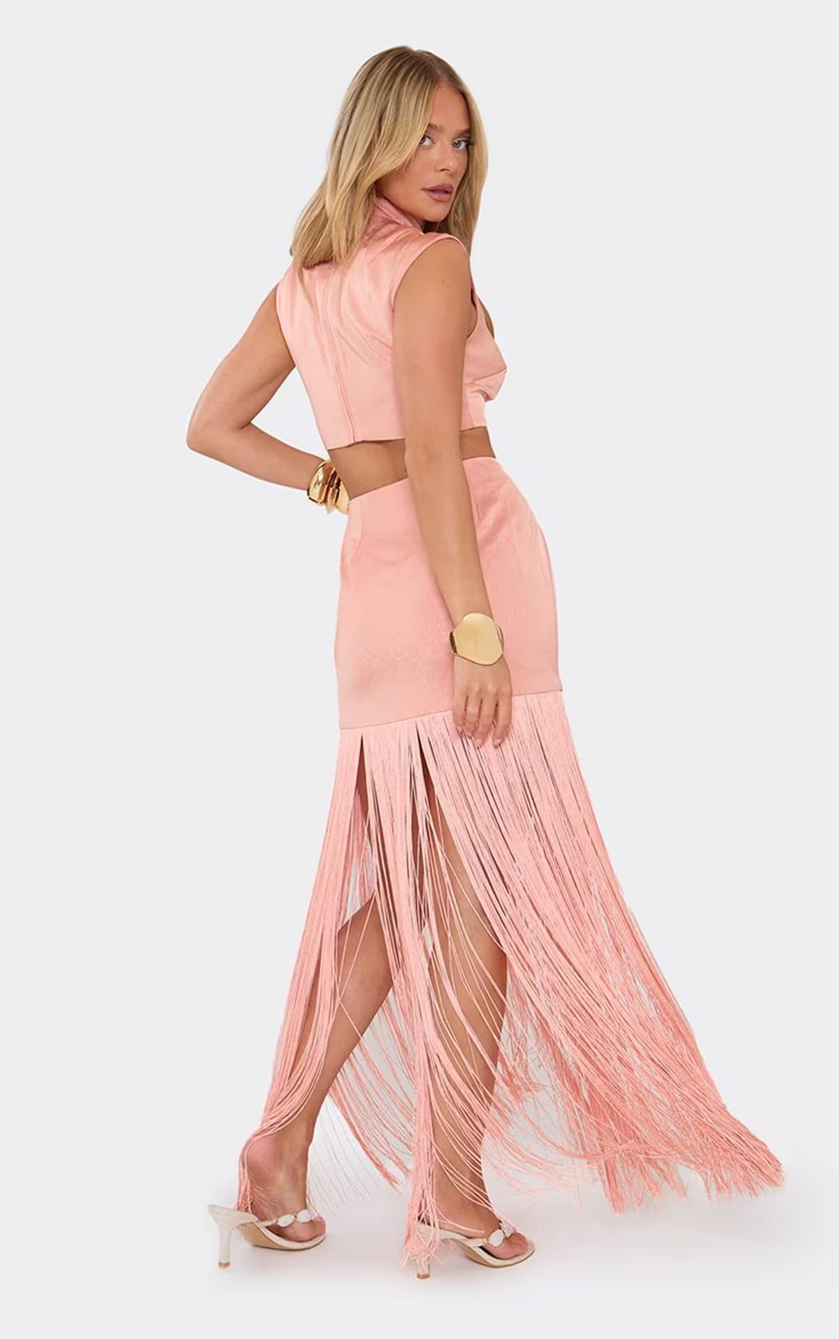 EGO Mid Rise Fringed Hem Maxi Skirt In Peach, Women's Size UK 6