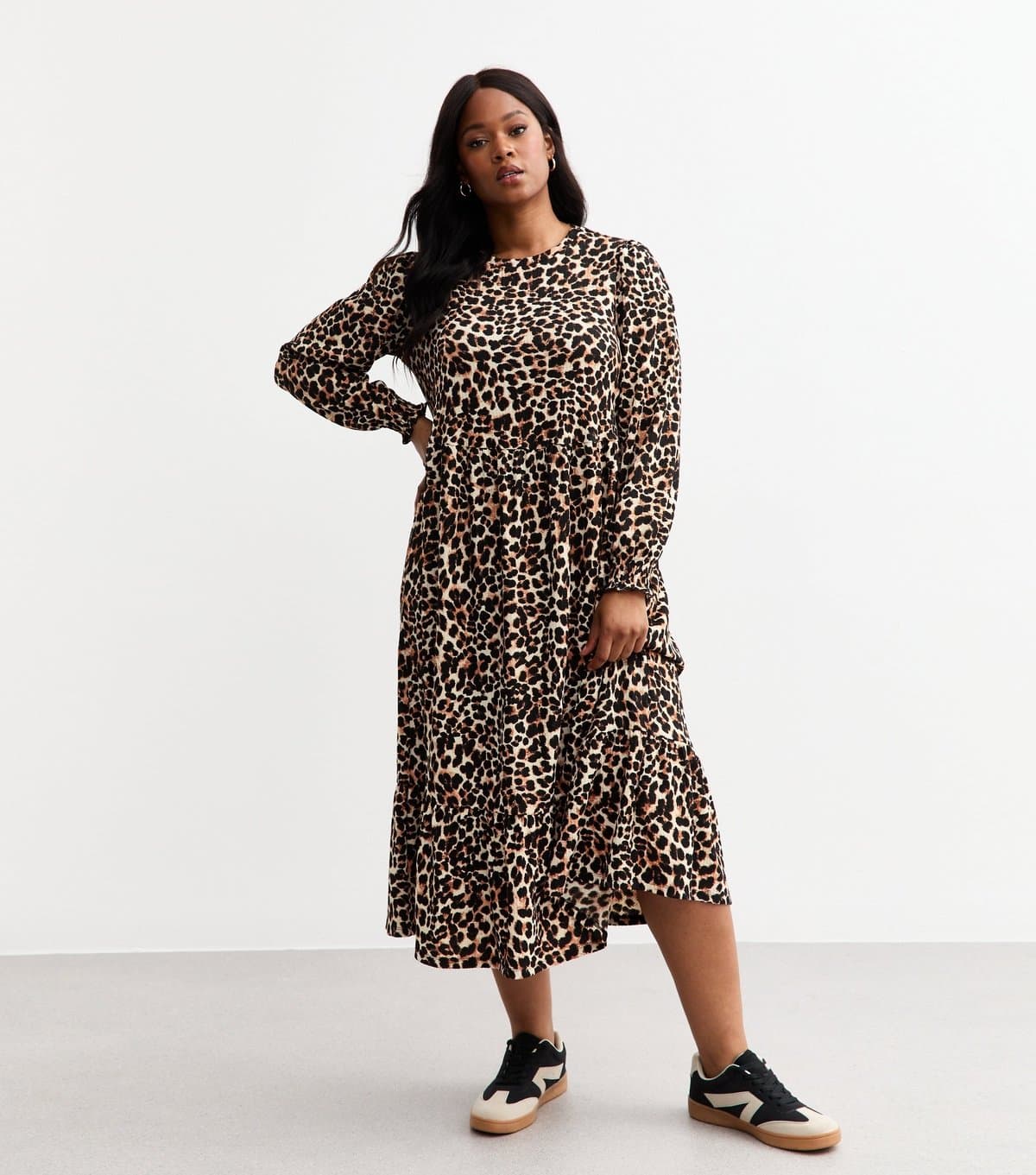 New Look Women's Plus Size Brown Jersey Leopard Print Midi Dress Curves New Look