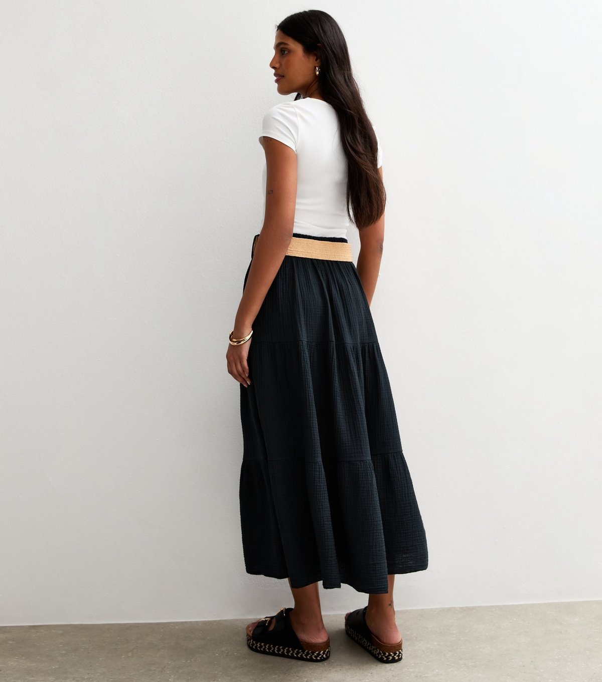 Gini London Women's Black Belted Tiered Maxi Skirt Gini London New Look - 4