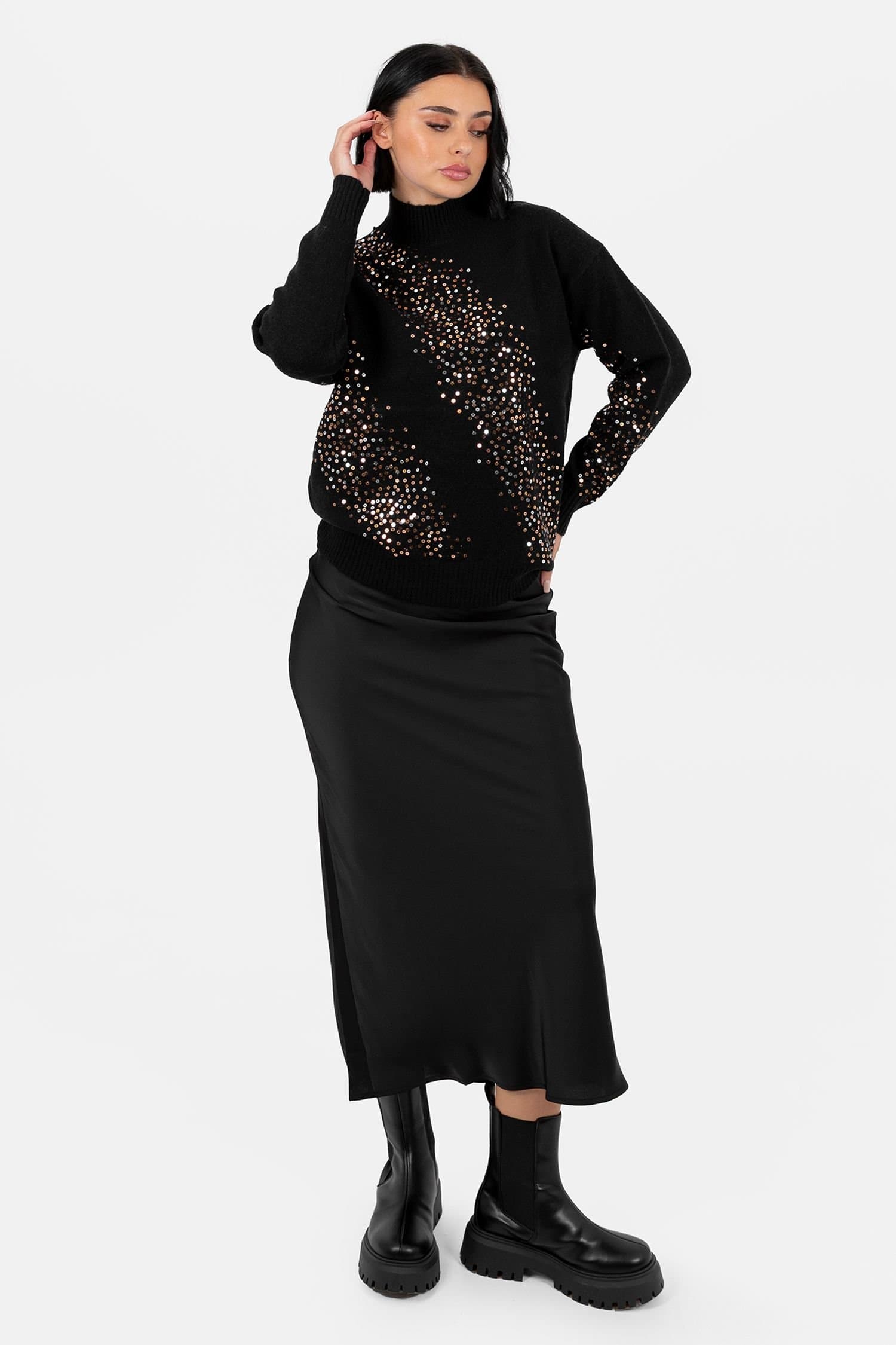 Lovedrobe Lovedrobe Women's Embellished High Neck Jumper in Black