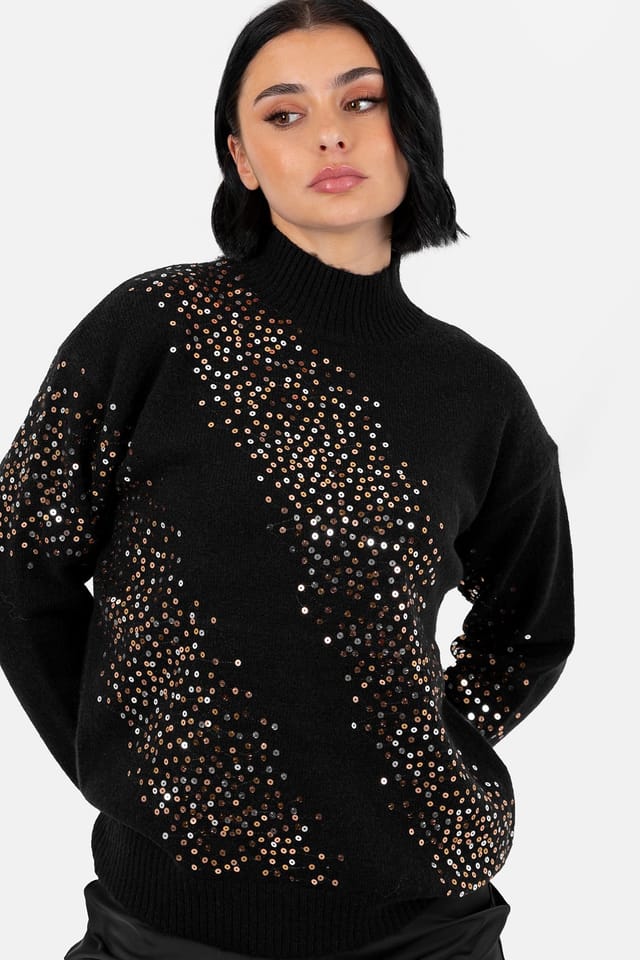 Lovedrobe Lovedrobe Women's Embellished High Neck Jumper in Black - 3