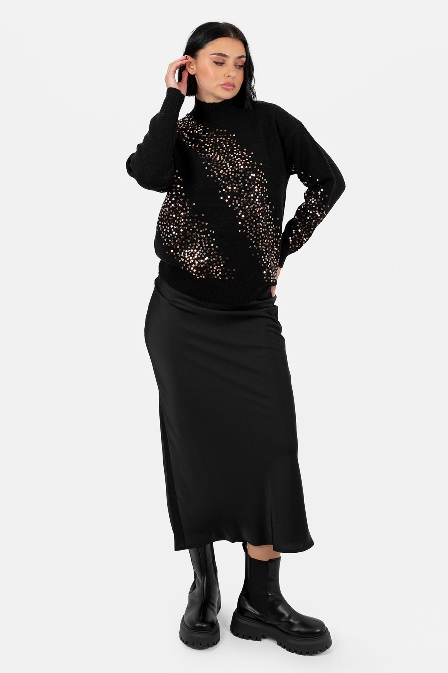 Lovedrobe Lovedrobe Women's Embellished High Neck Jumper in Black - 4