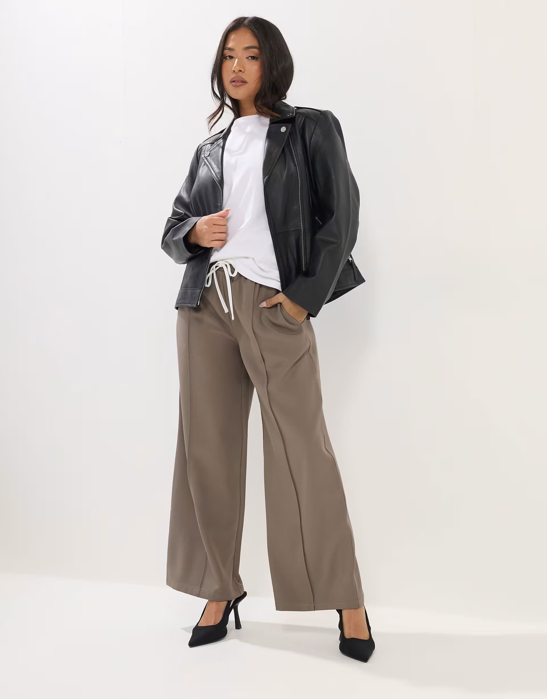 ASOS PixieGirl Petite contrast waist wide leg trousers in brown