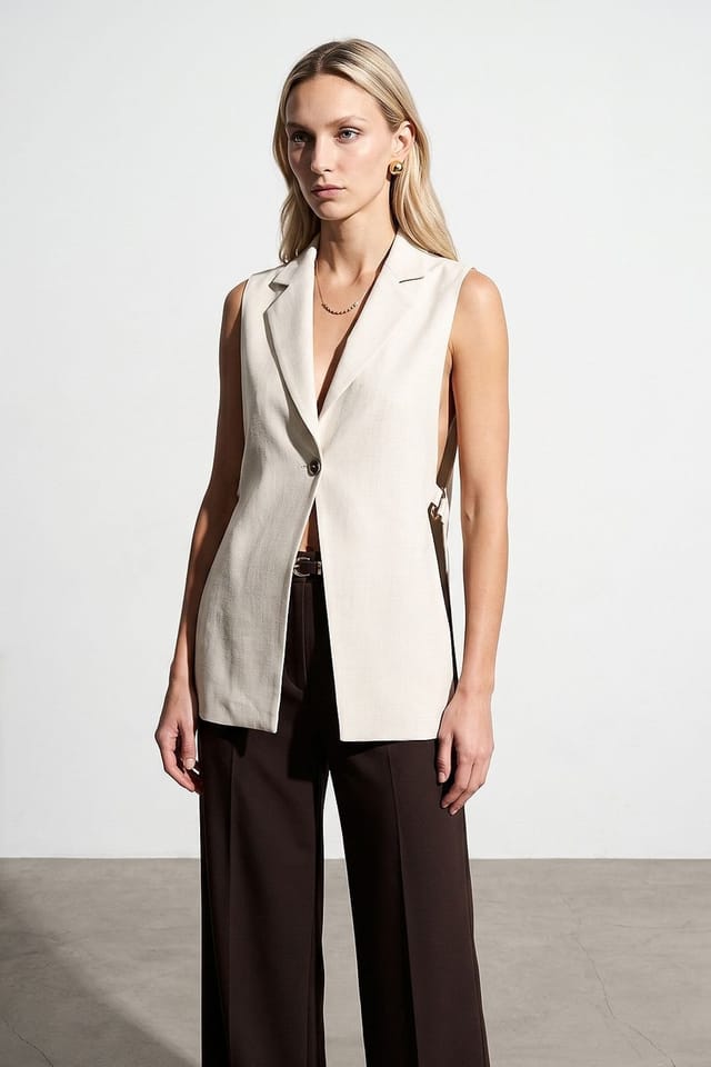 Dilvin Dilvin Women's Solid Shawl-collar Waistcoat in Medium Beige - 2