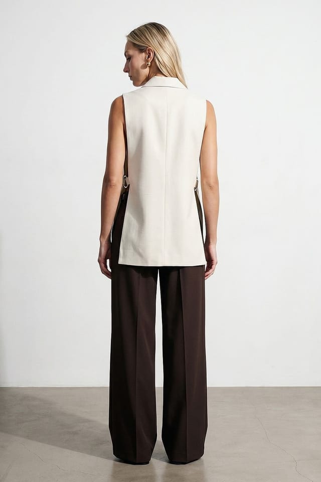Dilvin Dilvin Women's Solid Shawl-collar Waistcoat in Medium Beige - 3